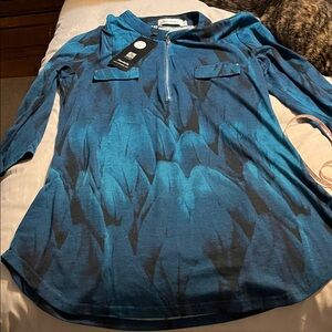 Blue Patterned Women's Zip-Front Top